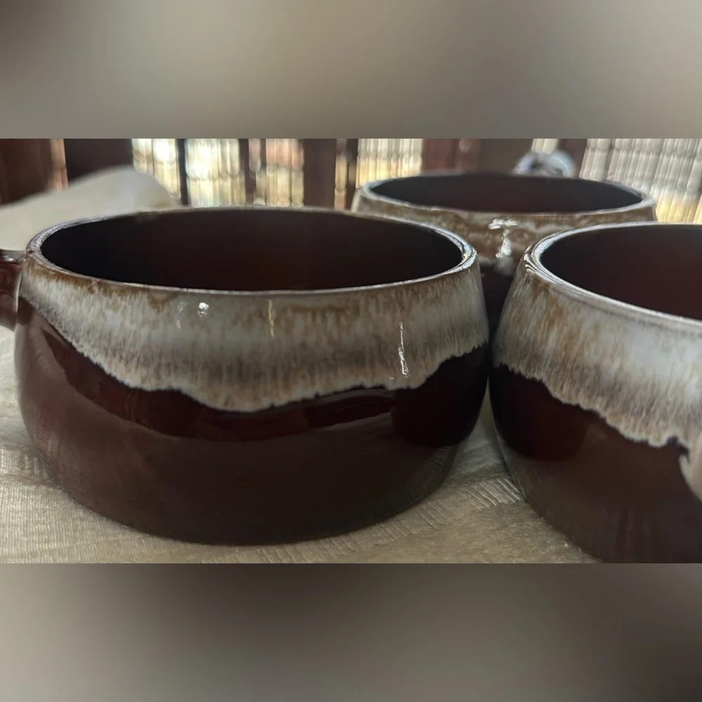 Vintage Japan French Onion Soup Bowls Set 3 Brown Drip Glaze Stoneware